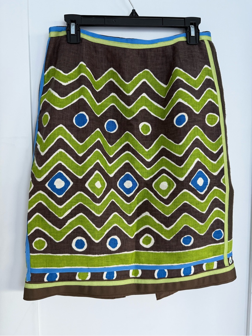 Worth Designer Midi Linen Skirt with Green and Blue Geometric Print Size 8
